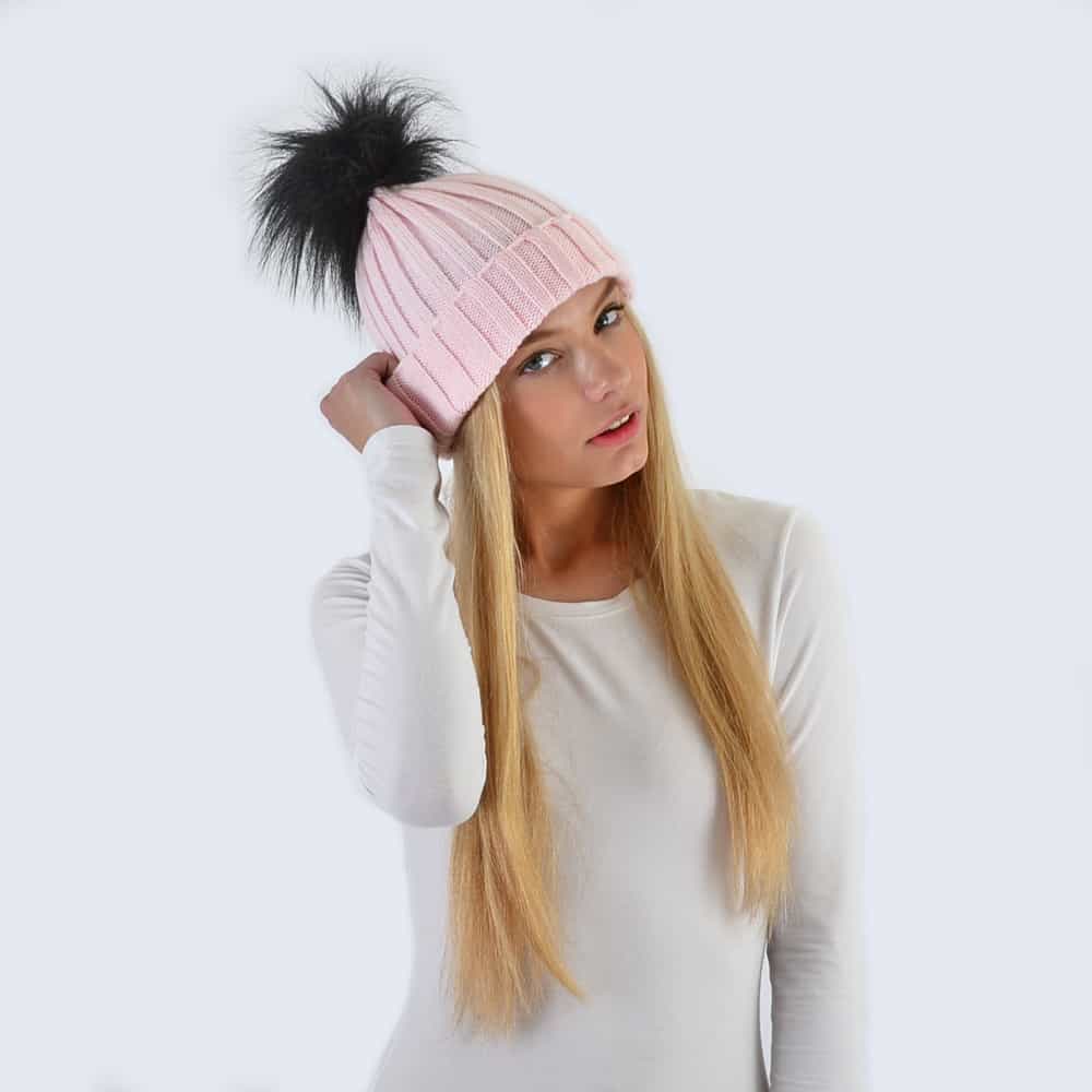 Candy Pink Hat with Black Faux Fur Pom Pom