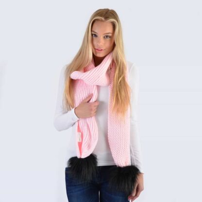 Candy Pink Scarf with Black Faux Fur Pom Poms