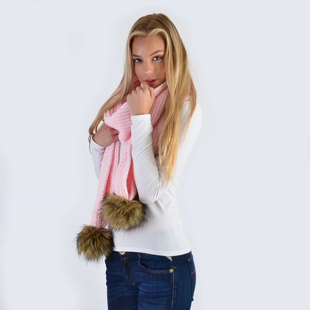 Candy Pink Scarf with Brown Faux Fur Pom Poms