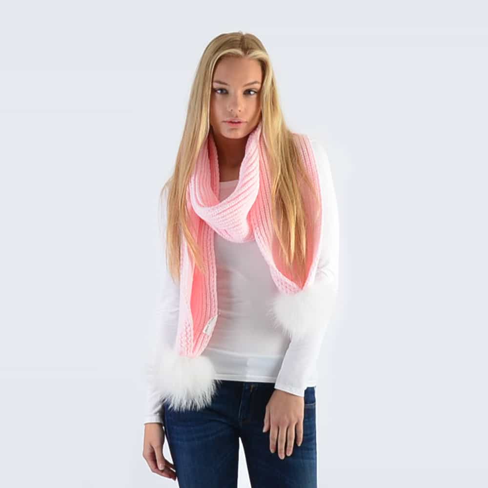 Candy Pink Scarf with White Fur Pom Poms