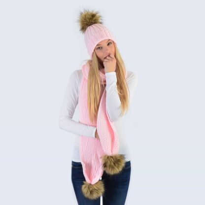 Candy Pink Set with Brown Faux Fur Pom Poms