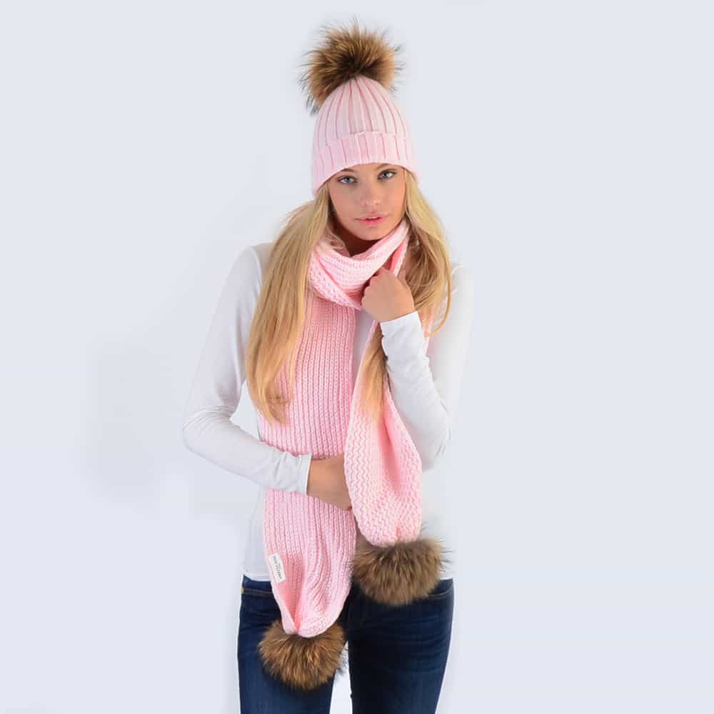 Candy Pink Set with Brown Fur Pom Poms
