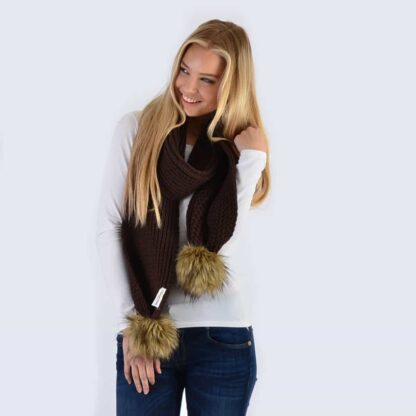 Chocolate Scarf with Brown Faux Fur Pom Poms