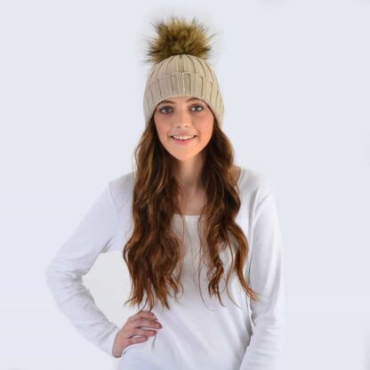 Oatmeal Hat with Brown Faux Fur Pom Pom