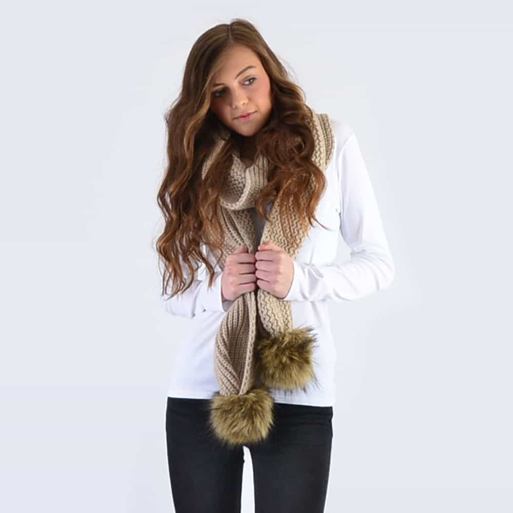 Oatmeal Scarf with Brown Faux Fur Pom Poms