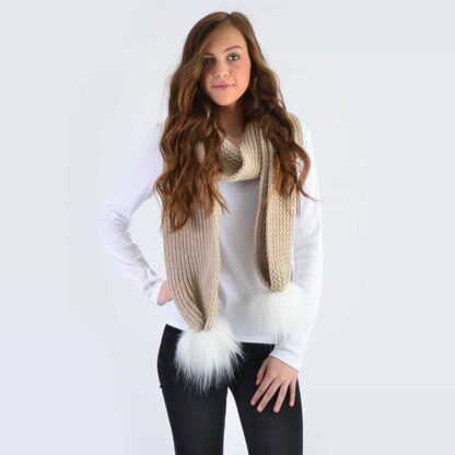 Oatmeal Scarf with White Faux Fur Pom Poms