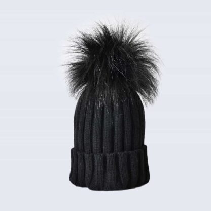 Black Hat with Black Faux Fur Pom Pom