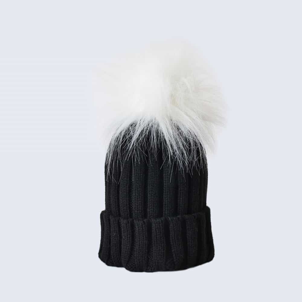 Black Hat with White Faux Fur Pom Pom