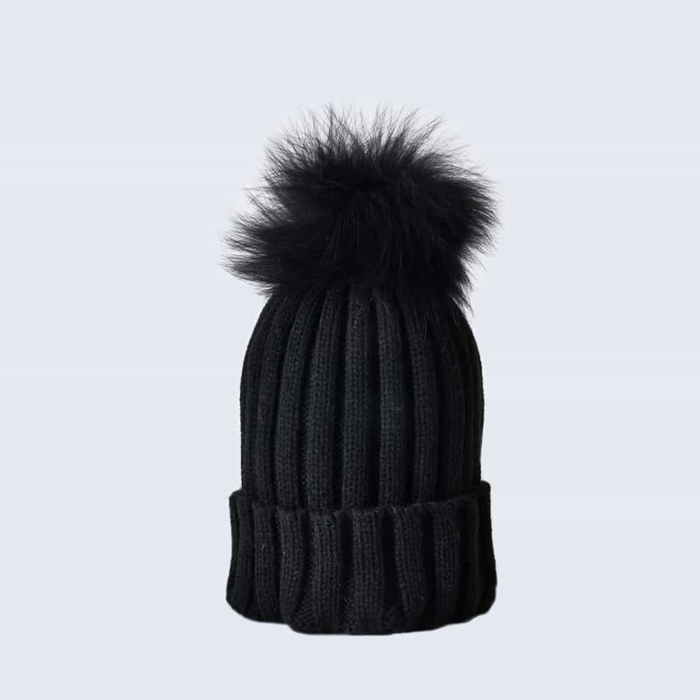 Black Hat with Black Fur Pom Pom