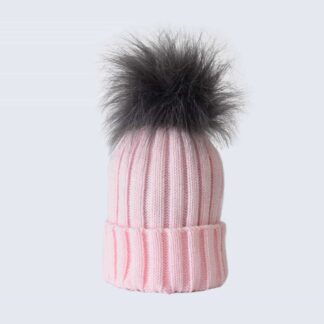 Candy Pink Hat with Grey Faux Fur Pom Pom