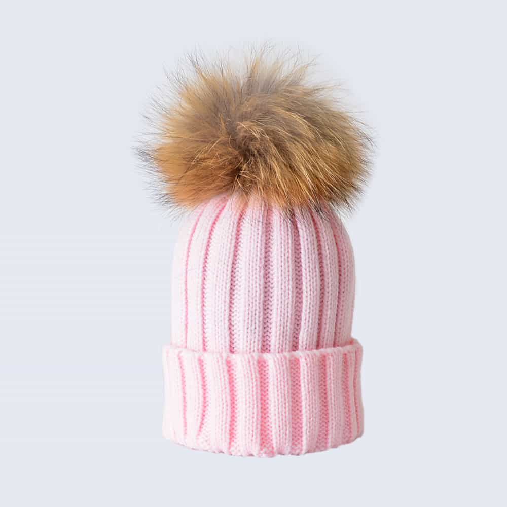 Candy Pink Hat with Brown Fur Pom Pom