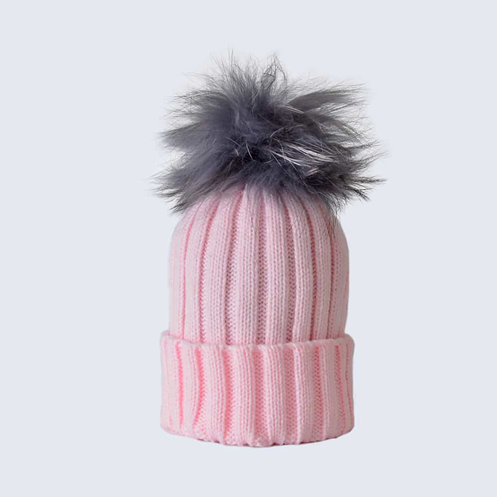 Candy Pink Hat with Grey Fur Pom Pom