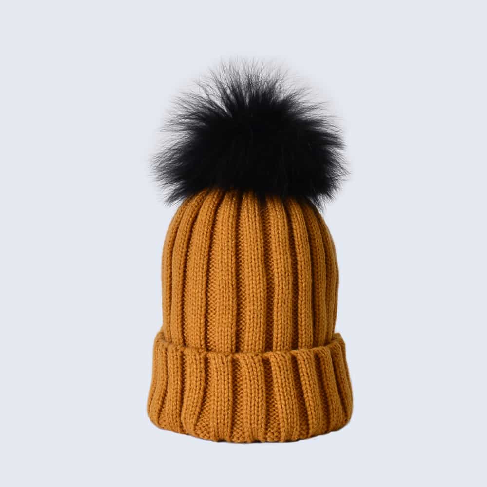 Caramel Hat with Black Fur Pom Pom