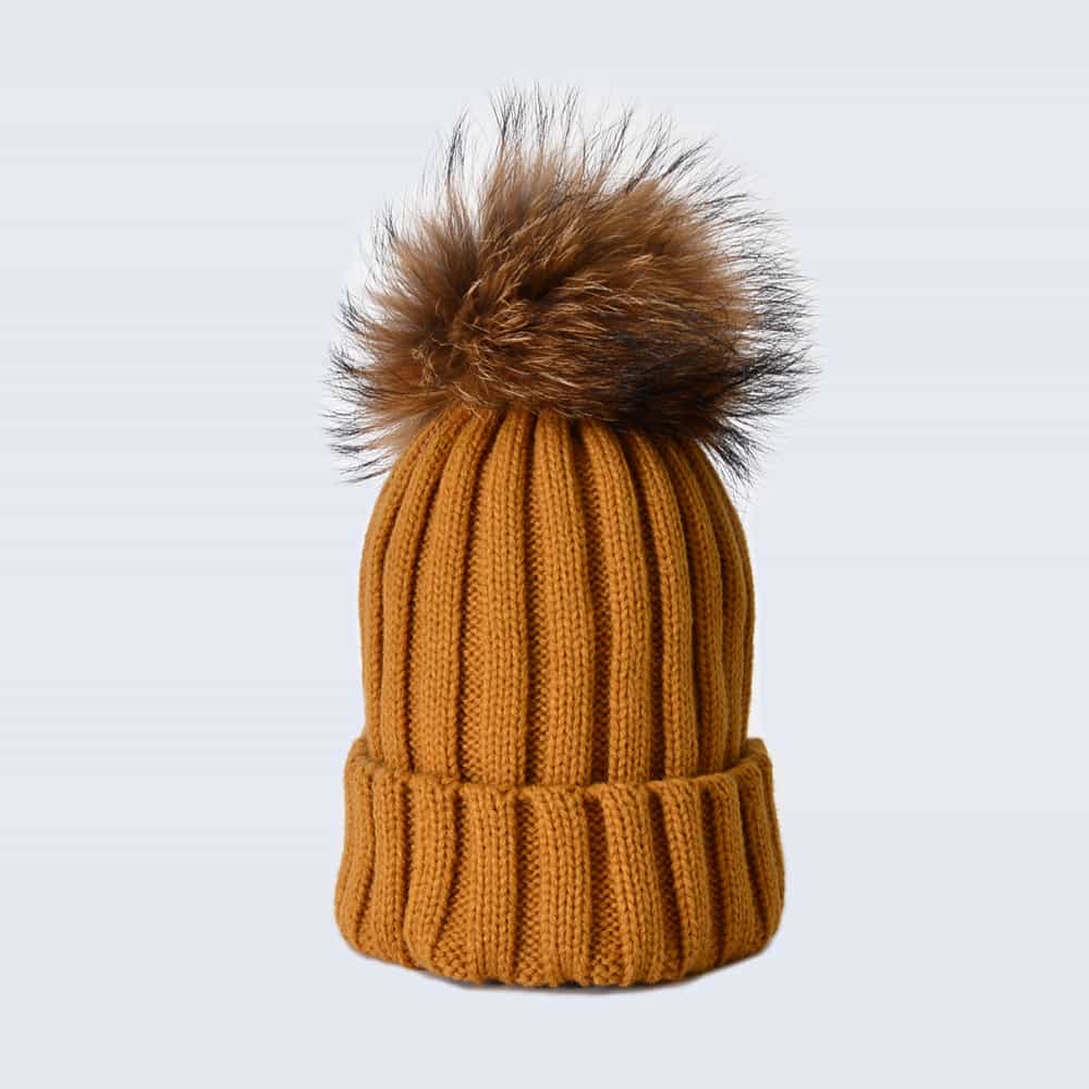Caramel Hat with Brown Fur Pom Pom