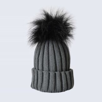 Grey Hat with Black Faux Fur Pom Pom