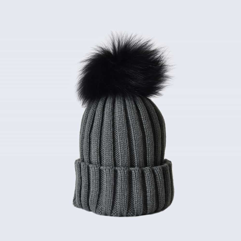 Grey Hat with Black Fur Pom Pom
