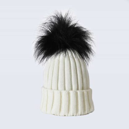 Ivory Hat with Black Faux Fur Pom Pom