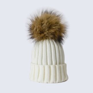 Ivory Hat with Brown Faux Fur Pom Pom
