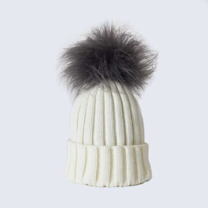 Ivory Hat with Grey Faux Fur Pom Pom