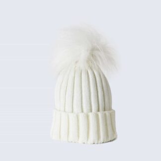 Ivory Hat with White Faux Fur Pom Pom