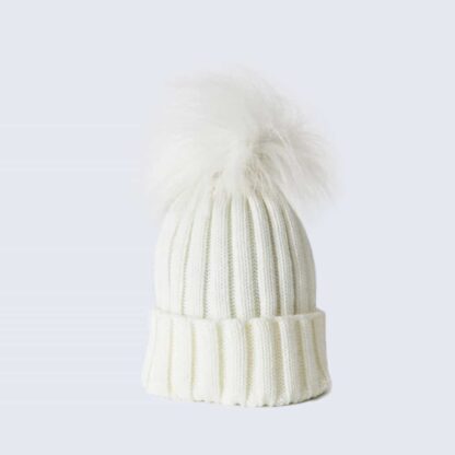 Ivory Hat with White Faux Fur Pom Pom