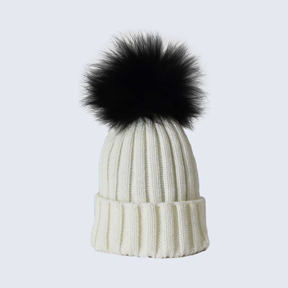 Ivory Hat with Black Fur Pom Pom