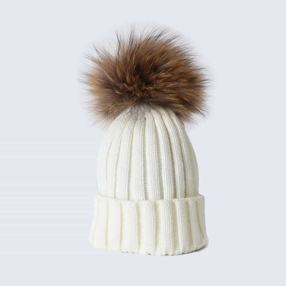Ivory Hat with Brown Fur Pom Pom