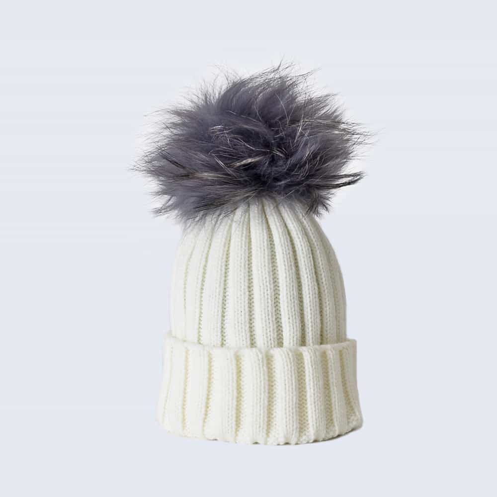 Ivory Hat with Grey Fur Pom Pom