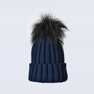Navy Hat with Black Faux Fur Pom Pom