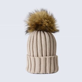Oatmeal Hat with Brown Faux Fur Pom Pom