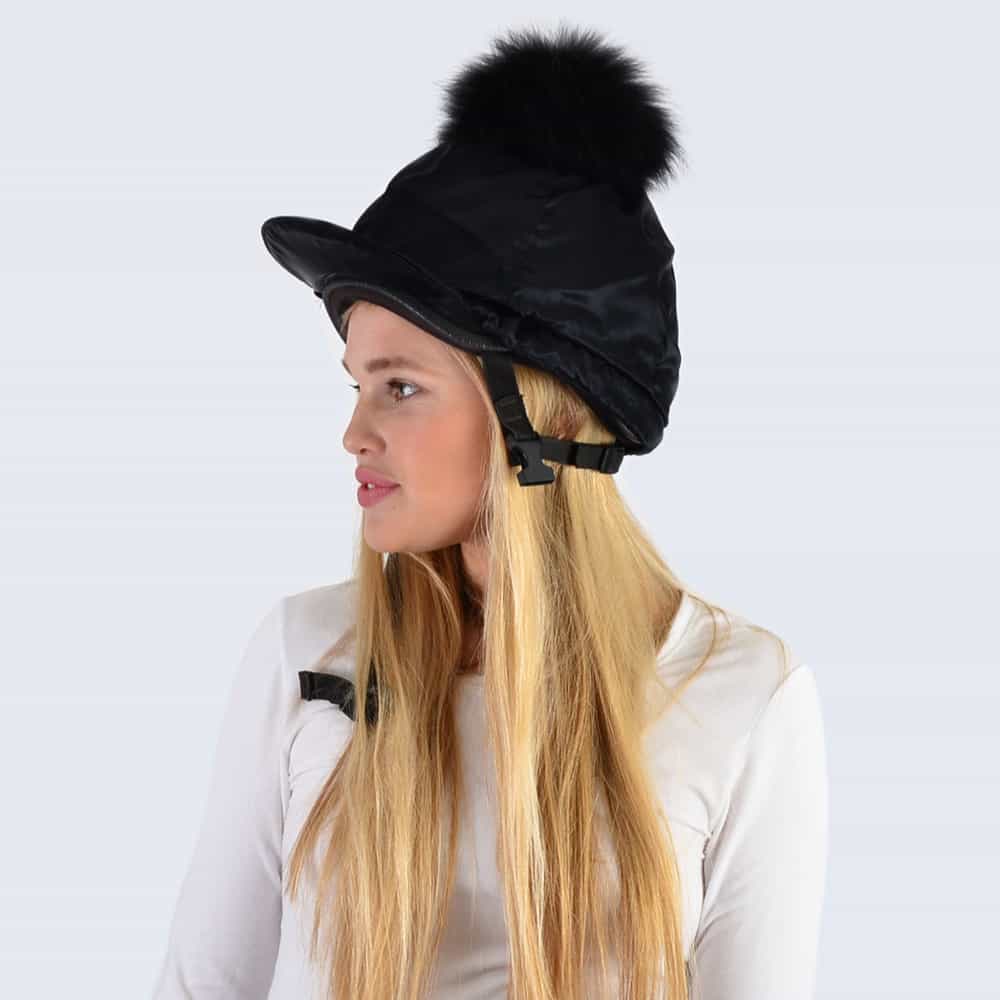 Black Hat Silk with Black Fur Pom Pom