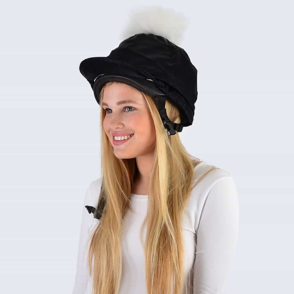 Black Hat Silk with White Fur Pom Pom