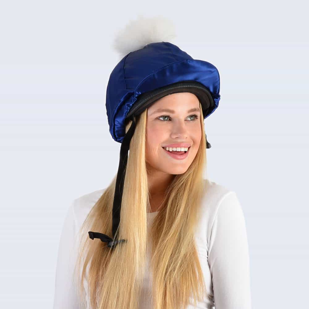 Navy Hat Silk with White Fur Pom Pom