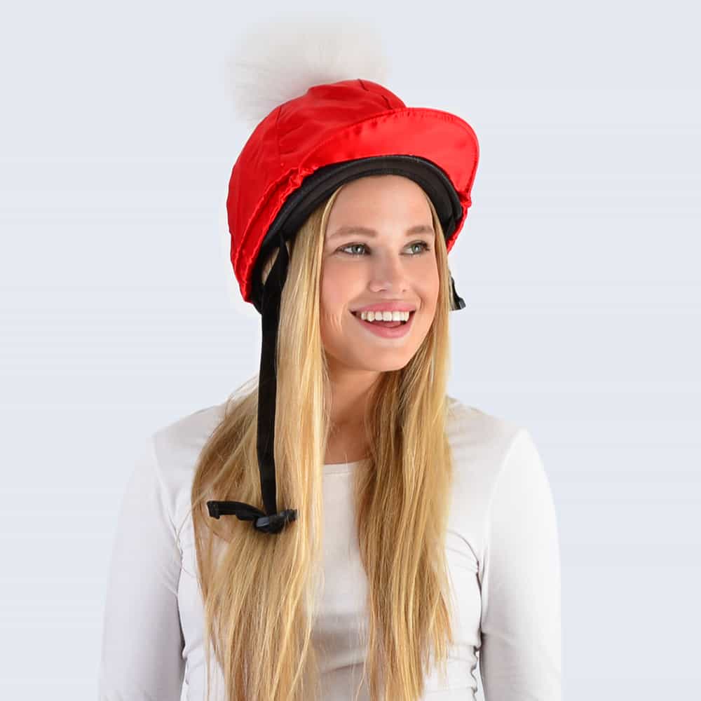 Scarlet Hat Silk with White Fur Pom Pom
