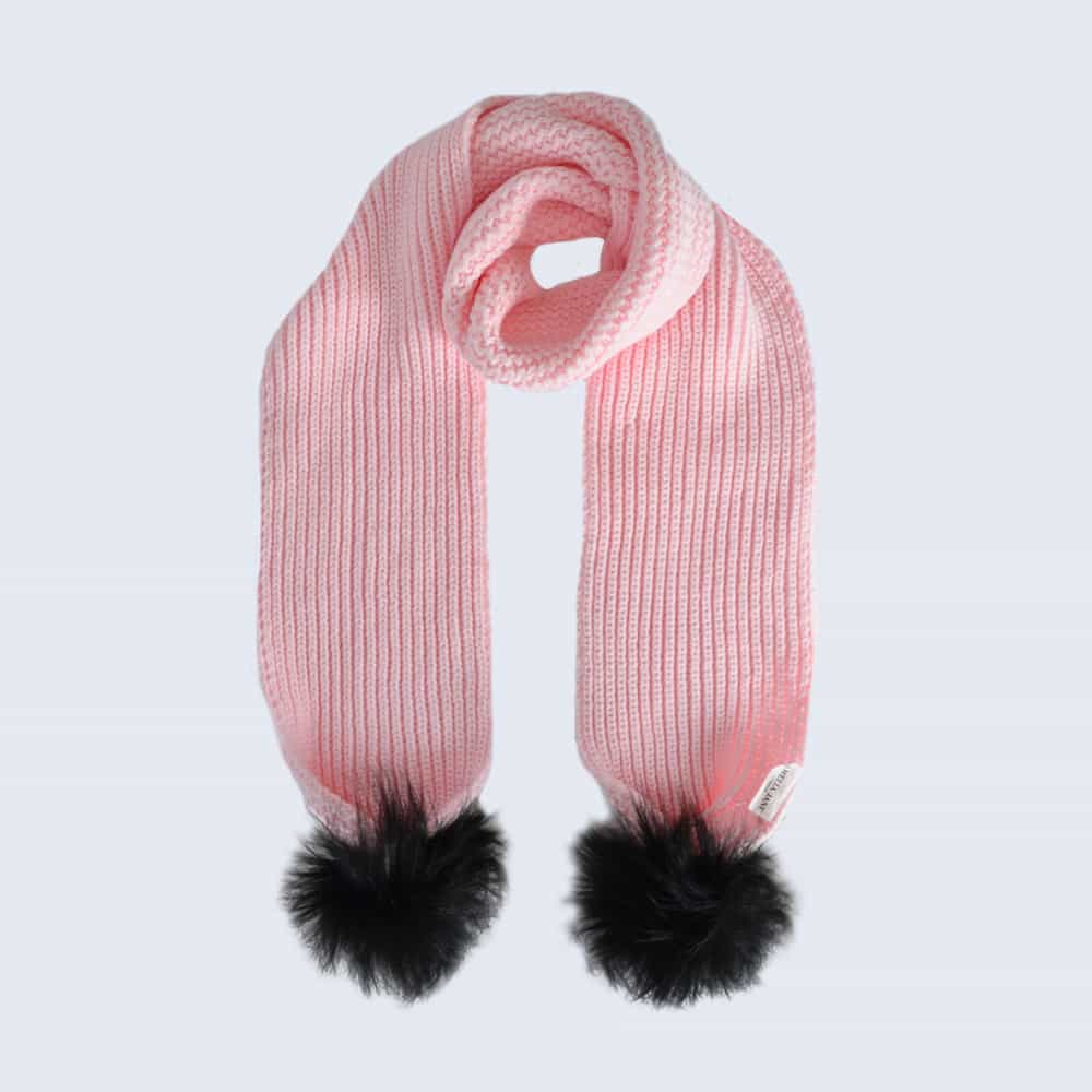 Candy Pink Scarf with Black Faux Fur Pom Poms