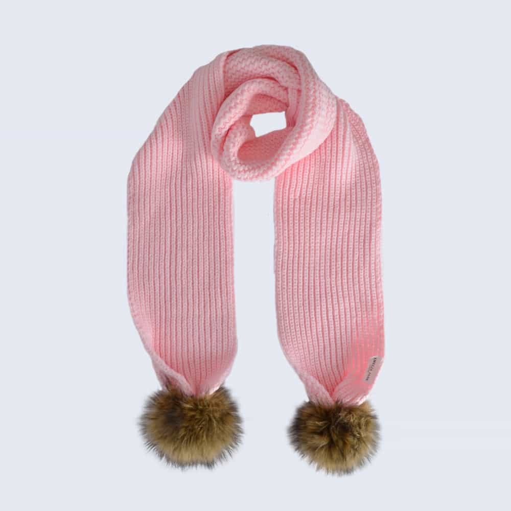 Candy Pink Scarf with Brown Faux Fur Pom Poms