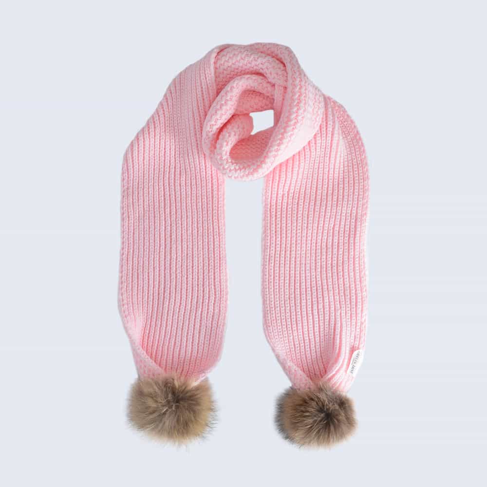 Candy Pink Scarf with Brown Fur Pom Poms