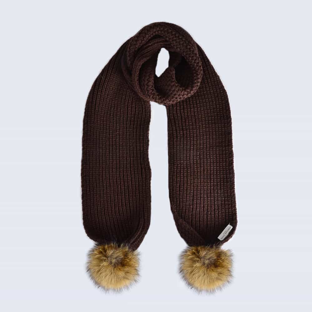 Chocolate Scarf with Brown Faux Fur Pom Poms