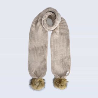 Oatmeal Scarf with Brown Faux Fur Pom Poms
