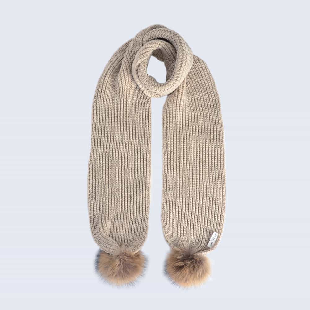 Oatmeal Scarf with Brown Fur Pom Poms