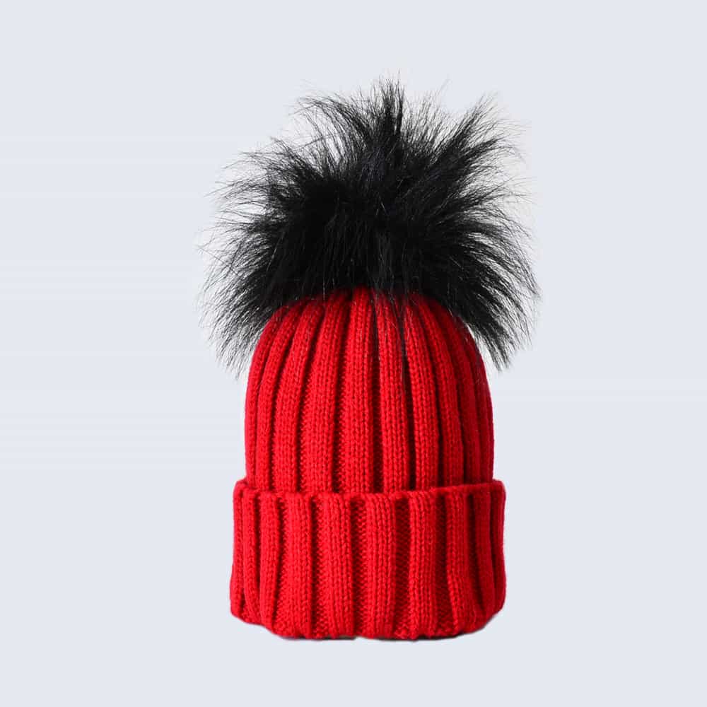 Scarlet Hat with Black Faux Fur Pom Pom