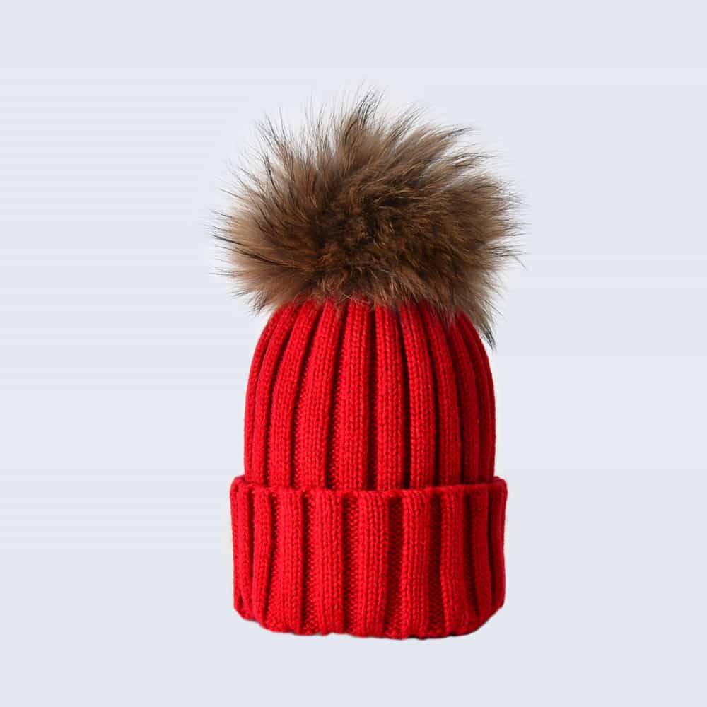 Scarlet Hat with Brown Fur Pom Pom