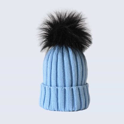 Sky Blue Hat with Black Faux Fur Pom Pom