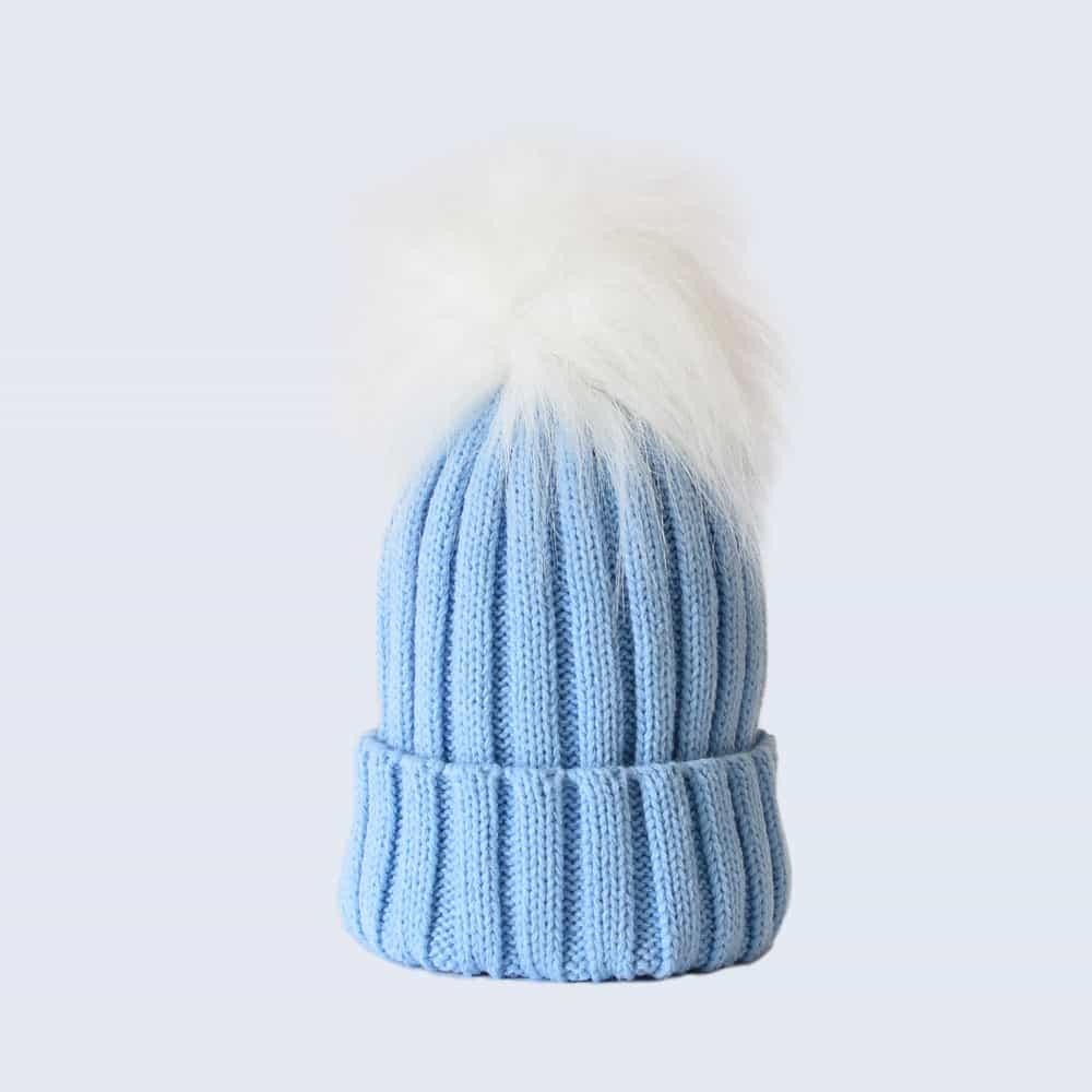 Sky Blue Hat with White Faux Fur Pom Pom