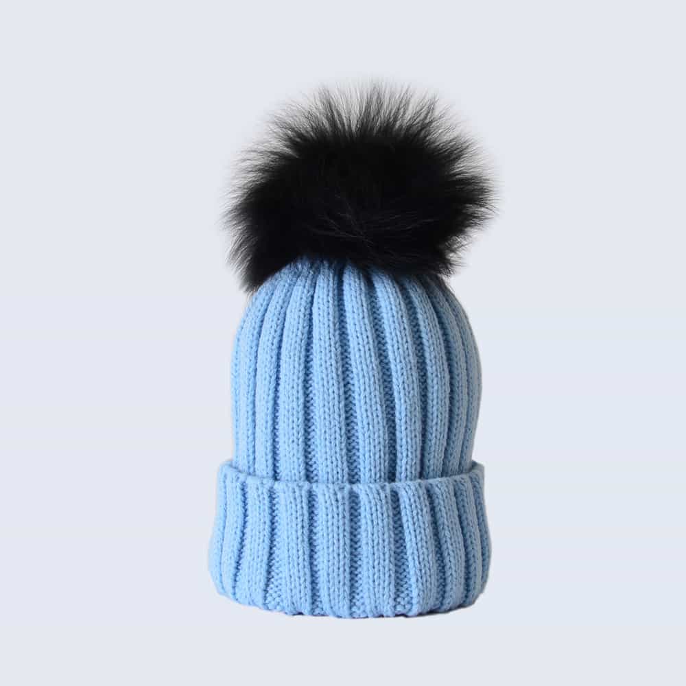 Sky Blue Hat with Black Fur Pom Pom