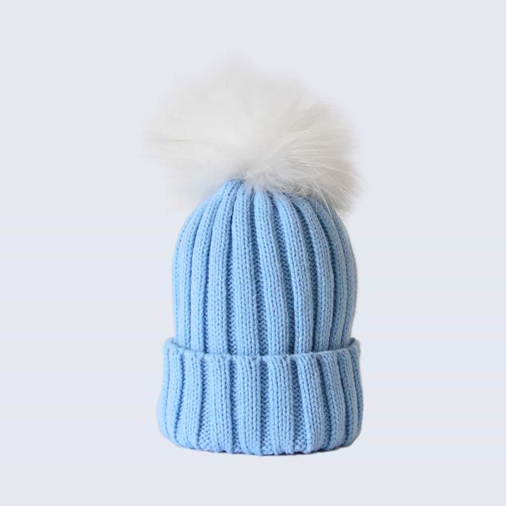 Sky Blue Hat with White Fur Pom Pom