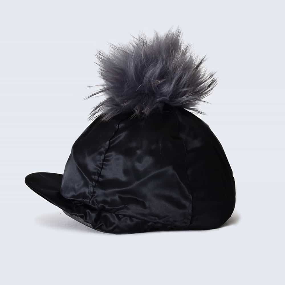 Black Hat Silk with Grey Fur Pom Pom