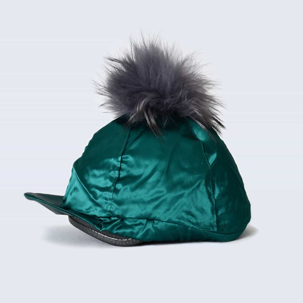 Emerald Hat Silk with Grey Fur Pom Pom
