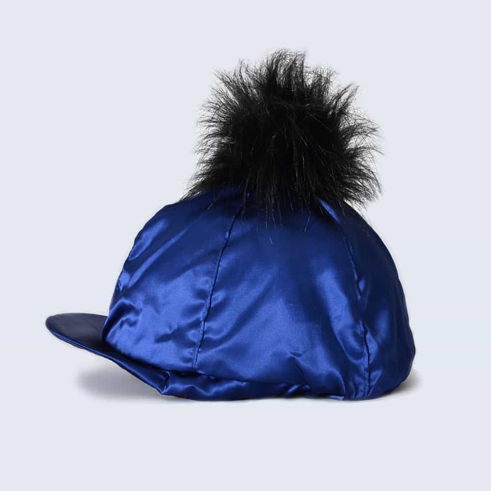 Navy Hat Silk with Black Faux Fur Pom Pom