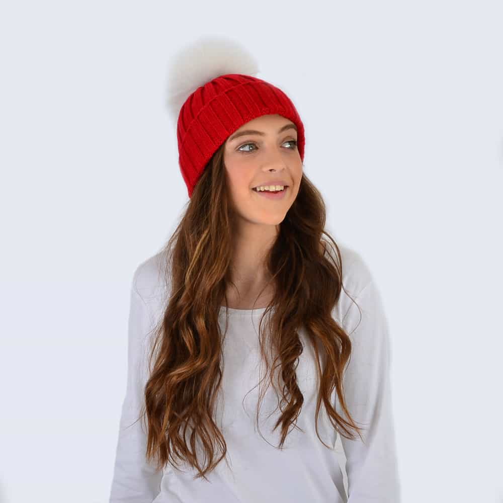 Scarlet Hat with White Fur Pom Pom